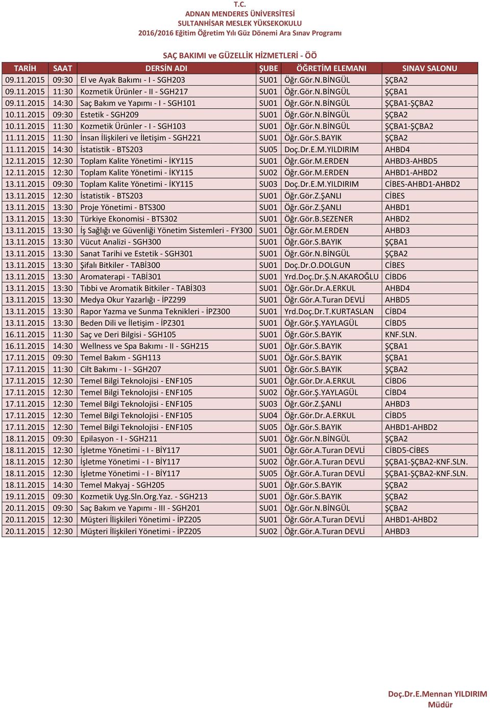 Gör.S.BAYIK ŞÇBA2 11.11.2015 14:30 İstatistik - BTS203 SU05 Doç.Dr.E.M.YILDIRIM AHBD4 13.11.2015 12:30 İstatistik - BTS203 SU01 Öğr.Gör.Z.ŞANLI CİBES 16.11.2015 11:30 Saç ve Deri Bilgisi - SGH105 SU01 Öğr.