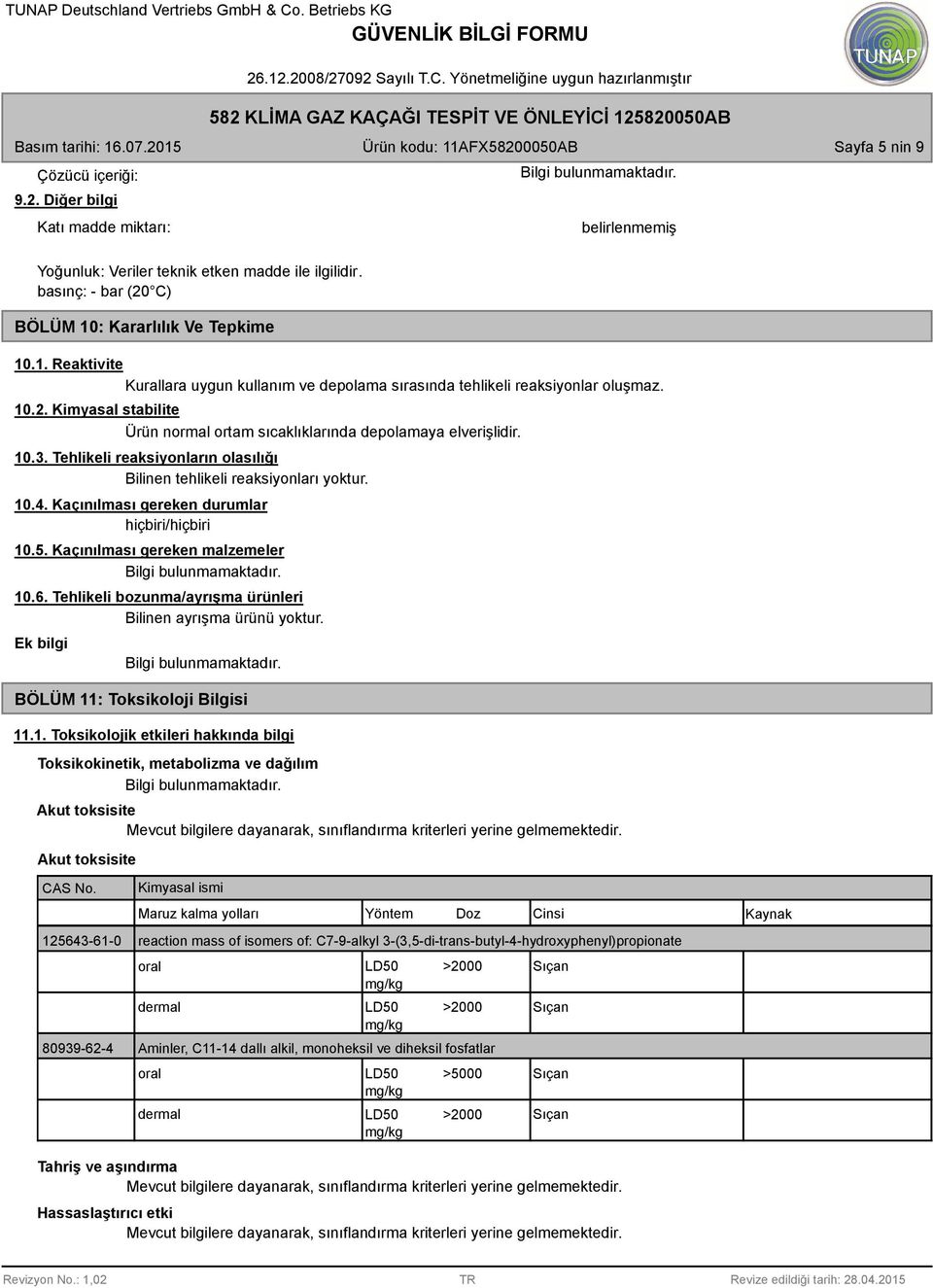 Kimyasal stabilite Ürün normal ortam sıcaklıklarında depolamaya elverişlidir. 10.3. Tehlikeli reaksiyonların olasılığı Bilinen tehlikeli reaksiyonları yoktur. 10.4.