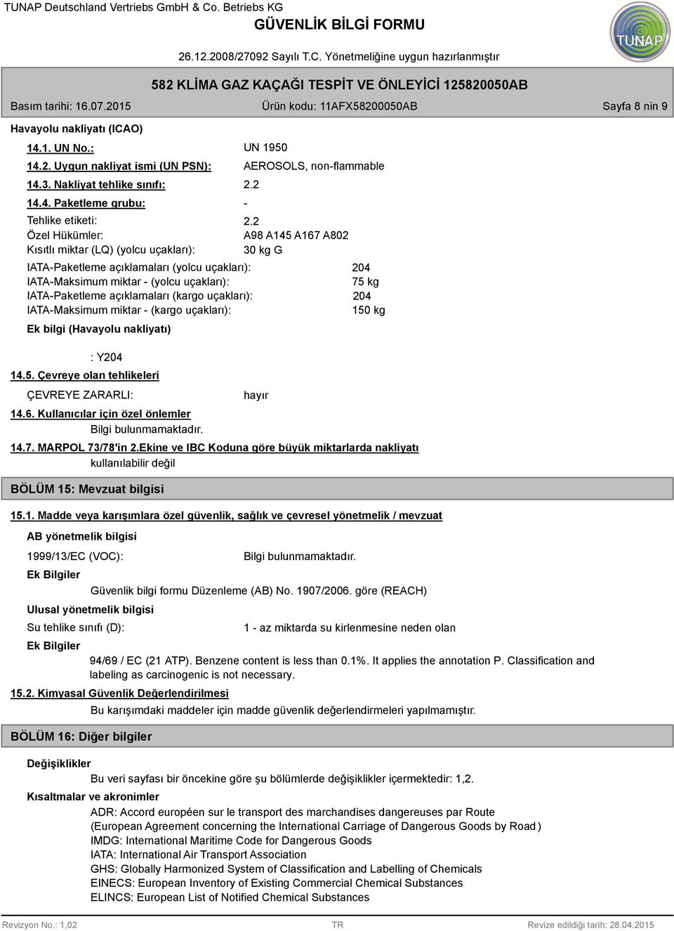 nakliyatı) : Y204 14.5. Çevreye olan tehlikeleri ÇEVREYE ZARARLI: 14.6. Kullanıcılar için özel önlemler - 2.2 A98 A145 A167 A802 30 kg G hayır 204 75 kg 204 150 kg 14.7. MARPOL 73/78'in 2.