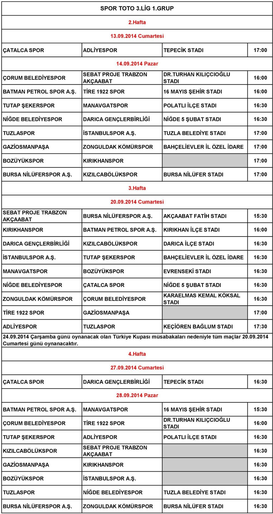 Ş. KIZILCABÖLÜKSPOR BURSA NİLÜFER 17:00 3.Hafta 20.09.2014 Cumartesi BURSA NİLÜFERSPOR A.Ş. FATİH 15:30 KIRIKHANSPOR BATMAN PETROL SPOR A.Ş. KIRIKHAN İLÇE DARICA GENÇLERBİRLİĞİ KIZILCABÖLÜKSPOR DARICA İLÇE 16:30 İSTANBULSPOR A.