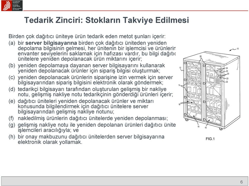 dayanan server bilgisayarını kullanarak yeniden depolanacak ürünler için sipariş bilgisi oluşturmak; (c) yeniden depolanacak ürünlerin siparişine izin vermek için server bilgisayarından sipariş