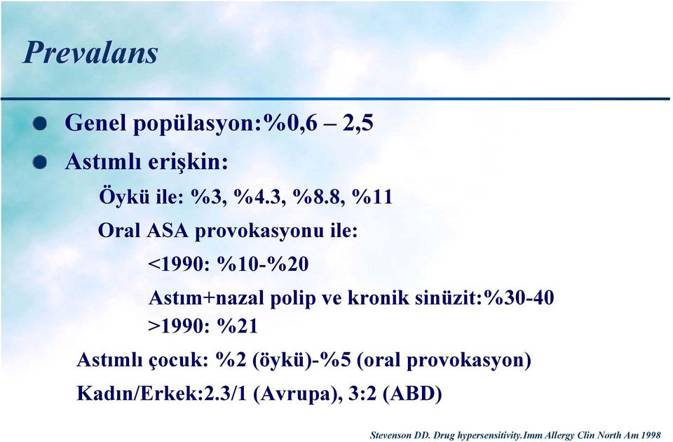 sinüzit:%30-40 >1990: %21 Astımlı çocuk: %2 (öykü)-%5 (oral provokasyon)