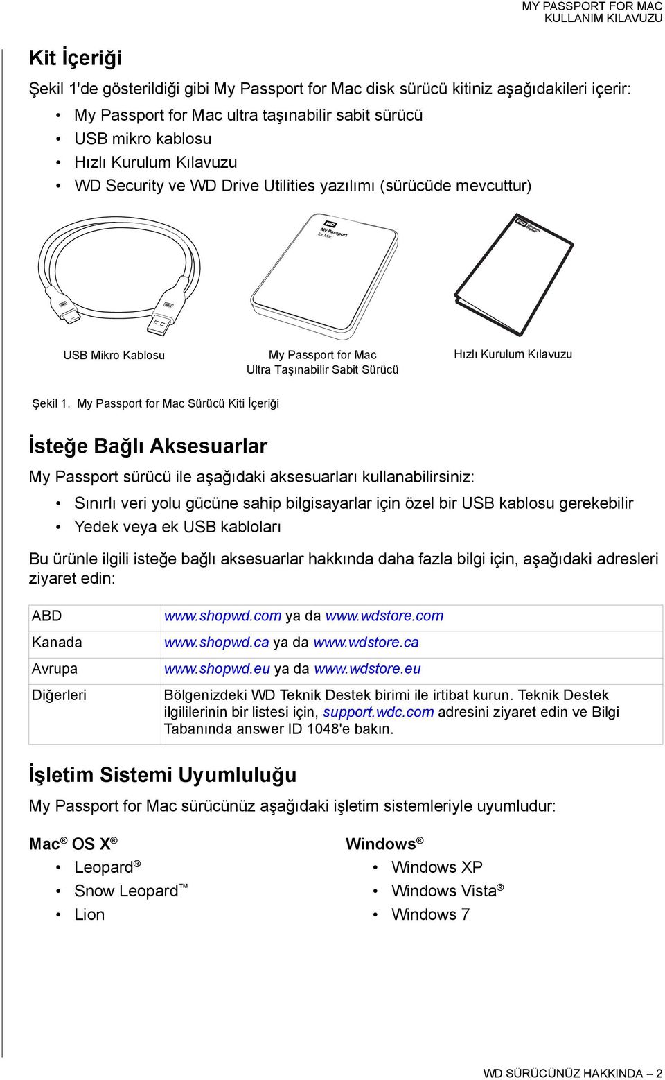 My Passport for Mac Sürücü Kiti İçeriği İsteğe Bağlı Aksesuarlar My Passport sürücü ile aşağıdaki aksesuarları kullanabilirsiniz: Sınırlı veri yolu gücüne sahip bilgisayarlar için özel bir USB