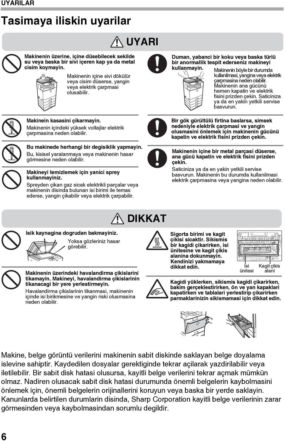 Bu makinede herhangi bir degisiklik yapmayin. Bu, kisisel yaralanmaya veya makinenin hasar görmesine neden olabilir. Makineyi temizlemek için yanici sprey kullanmayiniz.