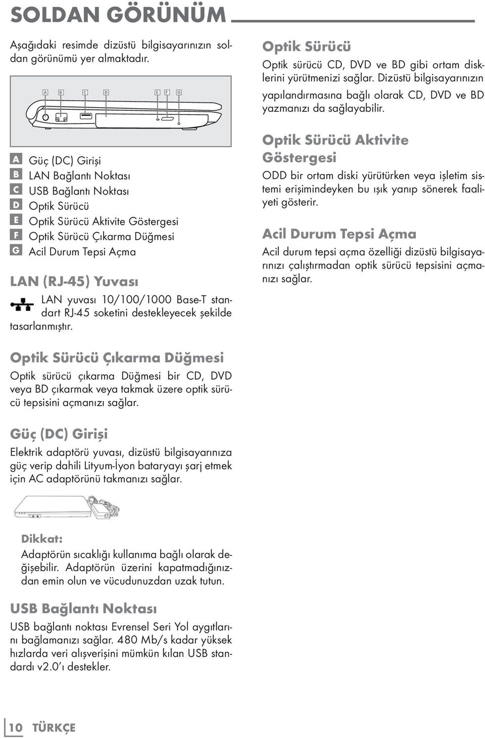 A Güç (DC) Girişi B LAN Bağlantı Noktası C USB Bağlantı Noktası D Optik Sürücü E Optik Sürücü Aktivite Göstergesi F Optik Sürücü Çıkarma Düğmesi G Acil Durum Tepsi Açma LAN (RJ-45) Yuvası LAN yuvası