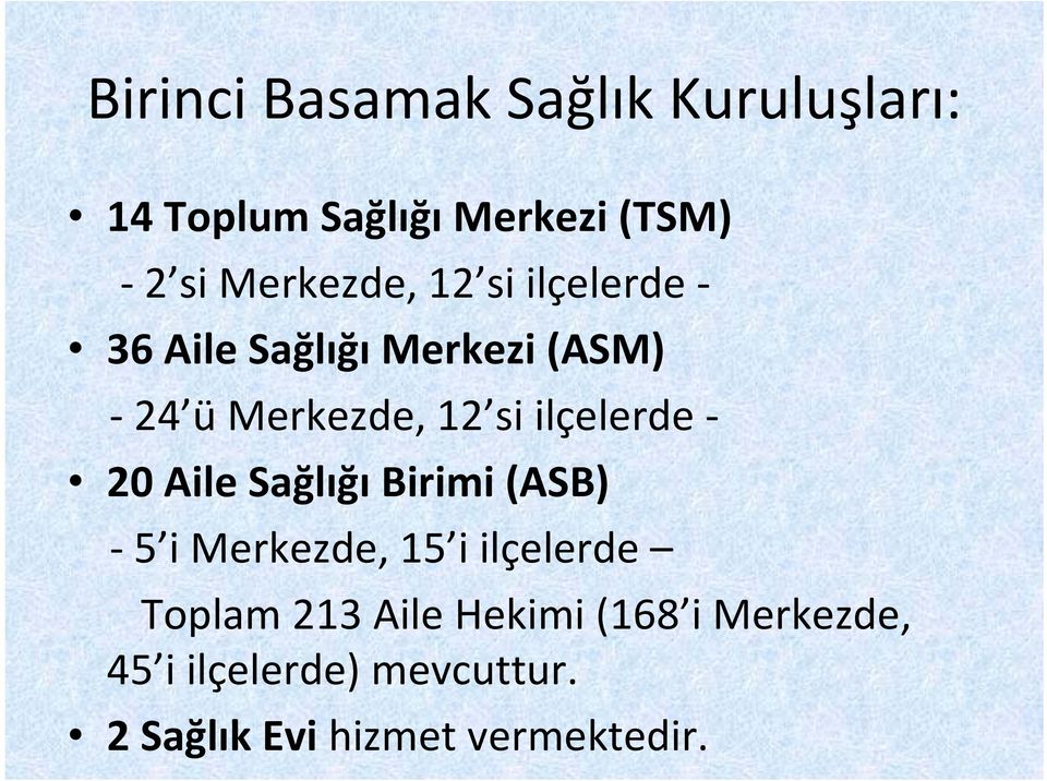 ilçelerde 20 Aile Sağlığı Birimi (ASB) 5 i Merkezde, 15 i ilçelerde Toplam 213