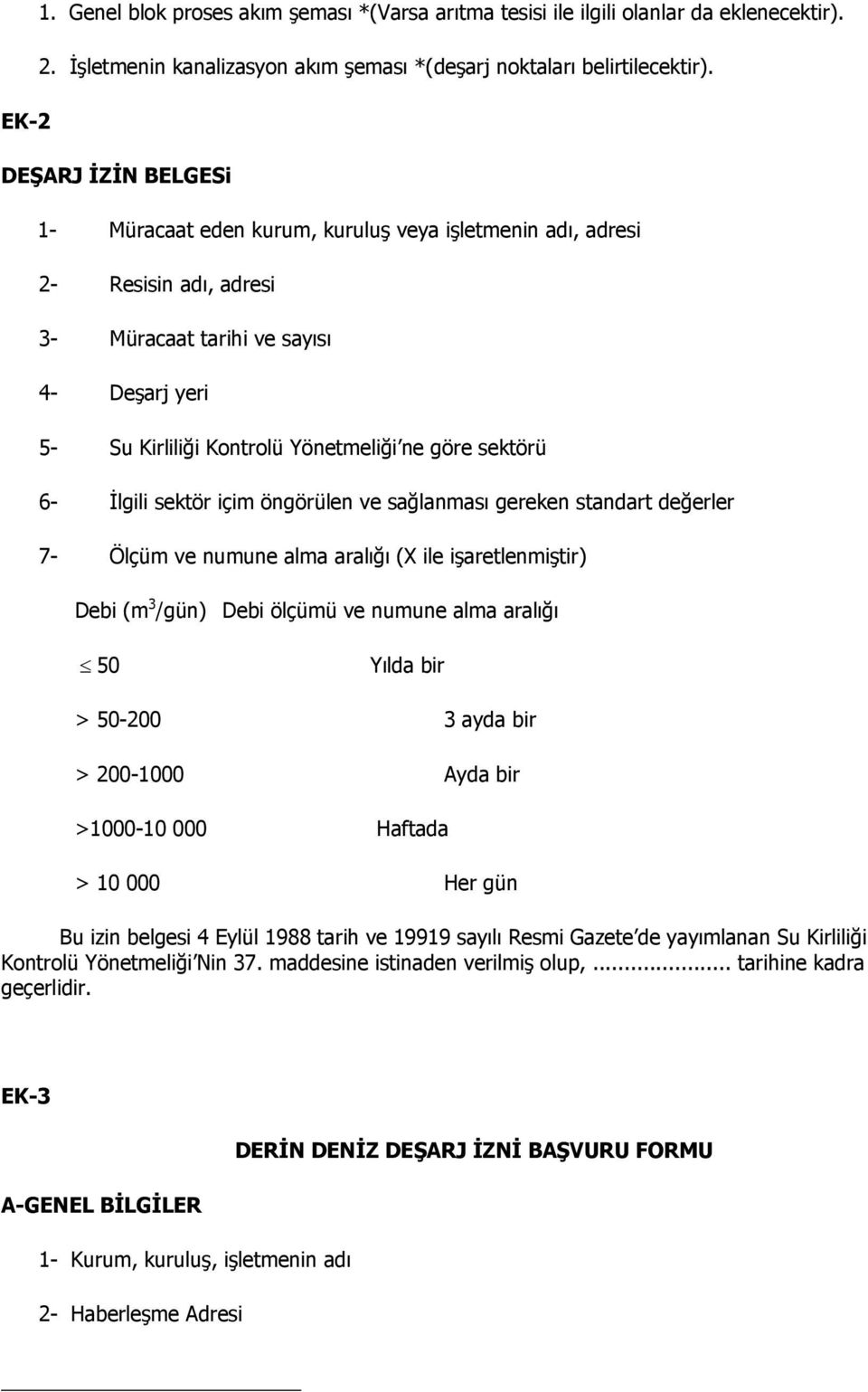 sektörü 6- İlgili sektör içim öngörülen ve sağlanması gereken standart değerler 7- Ölçüm ve numune alma aralığı (X ile işaretlenmiştir) Debi (m 3 /gün) Debi ölçümü ve numune alma aralığı 50 Yılda bir