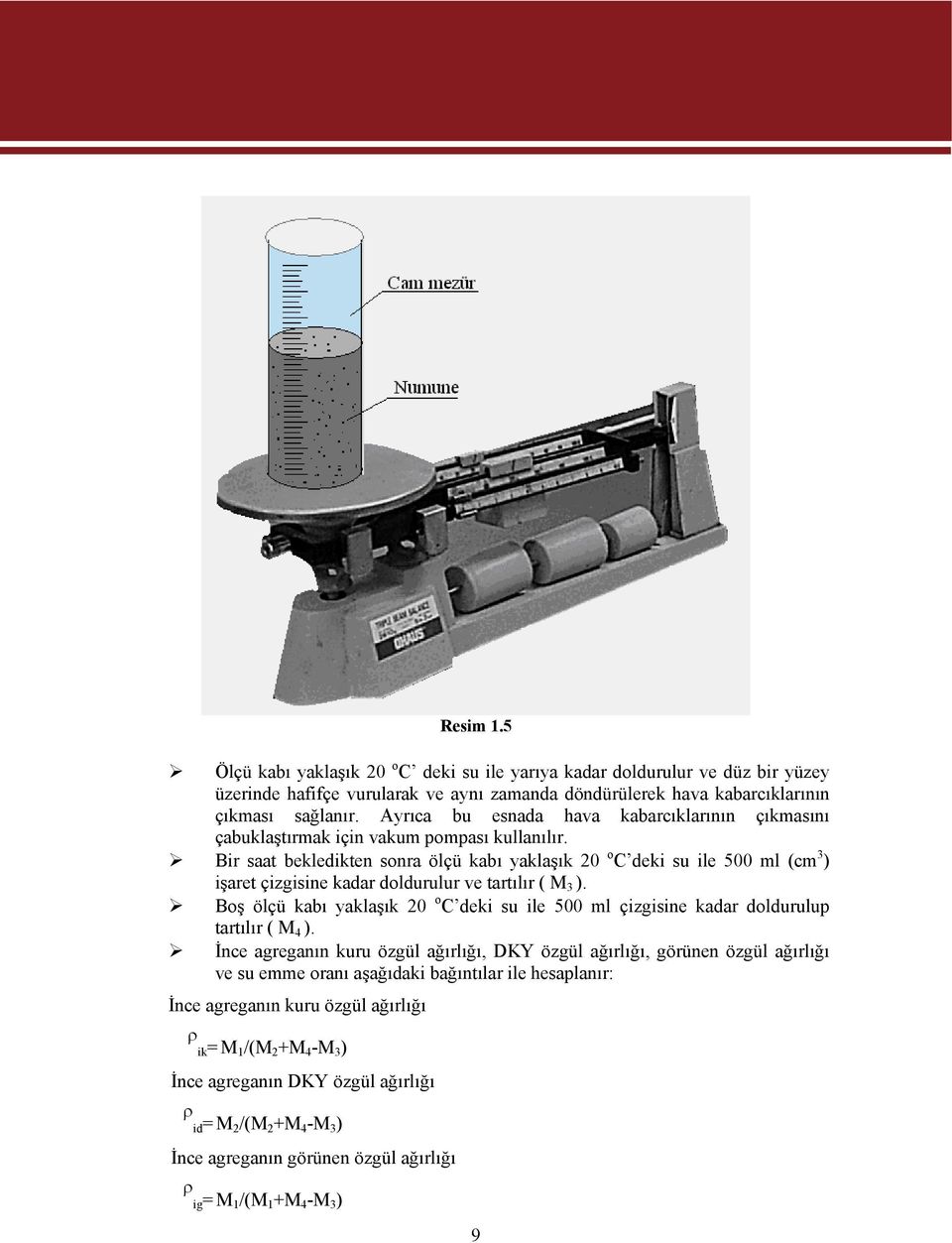 Bir saat bekledikten sonra ölçü kabı yaklaşık 20 o C deki su ile 500 ml (cm 3 ) işaret çizgisine kadar doldurulur ve tartılır ( M 3 ).