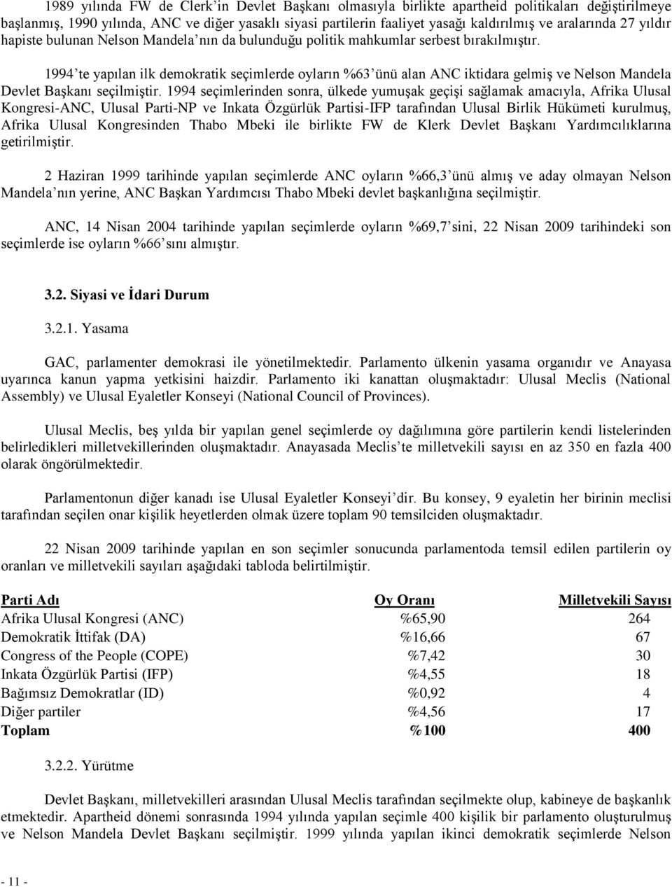 1994 te yapılan ilk demokratik seçimlerde oyların %63 ünü alan ANC iktidara gelmiş ve Nelson Mandela Devlet Başkanı seçilmiştir.