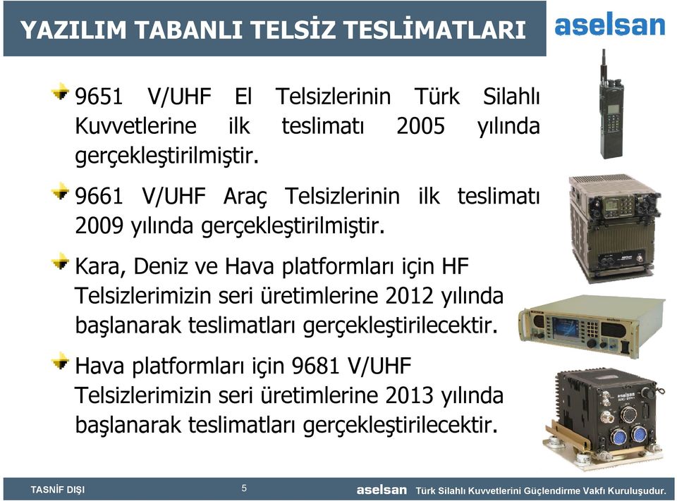 Kara, Deniz ve Hava platformları için HF Telsizlerimizin seri üretimlerine 2012 yılında başlanarak teslimatları