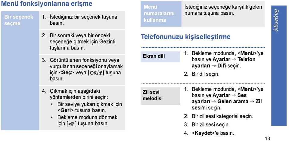 Bekleme moduna dönmek için [ ] tuşuna basın. Menü numaralarını kullanma İstediğiniz seçeneğe karşılık gelen numara tuşuna basın. Telefonunuzu kişiselleştirme Ekran dili Zil sesi melodisi 1.