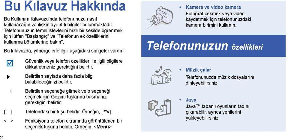 Bu kılavuzda, yönergelerle ilgili aşağıdaki simgeler vardır: Güvenlik veya telefon özellikleri ile ilgili bilgilere dikkat etmeniz gerektiğini belirtir.