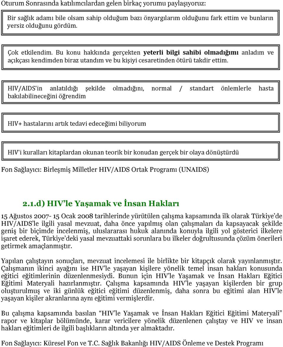 HIV/AIDS'in anlatıldığı şekilde olmadığını, normal / standart önlemlerle hasta bakılabilineceğini öğrendim HIV+ hastalarını artık tedavi edeceğimi biliyorum HIV'i kuralları kitaplardan okunan teorik