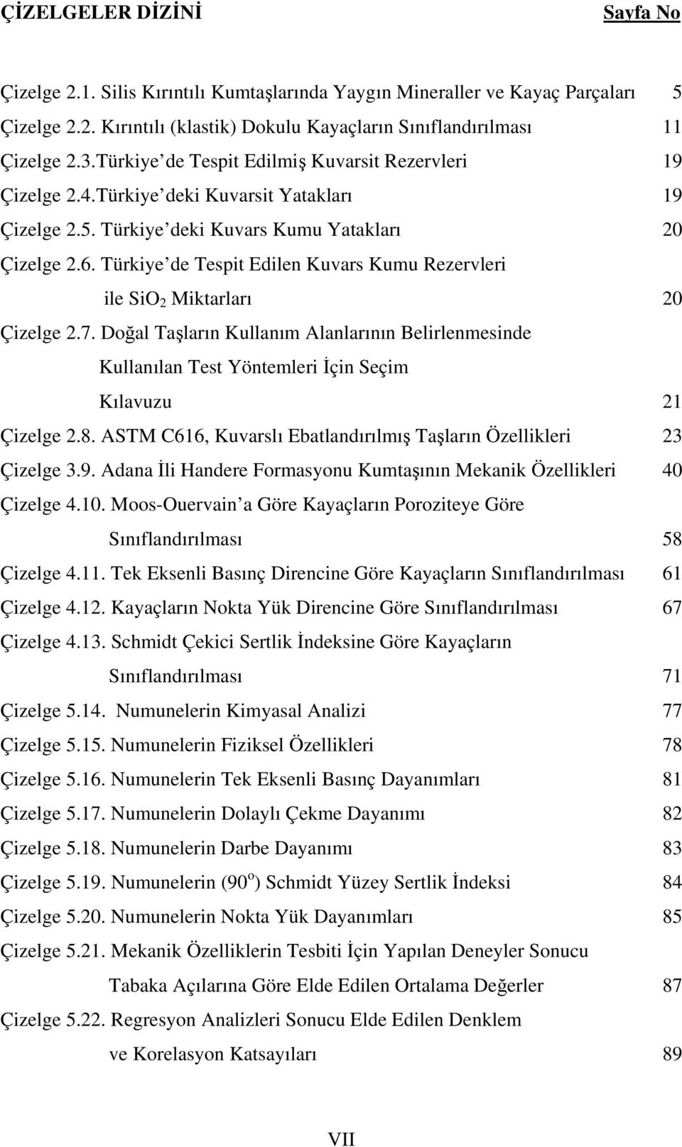 Türkiye de Tespit Edilen Kuvars Kumu Rezervleri ile SiO 2 Miktarları 20 Çizelge 2.7. Doğal Taşların Kullanım Alanlarının Belirlenmesinde Kullanılan Test Yöntemleri İçin Seçim Kılavuzu 21 Çizelge 2.8.