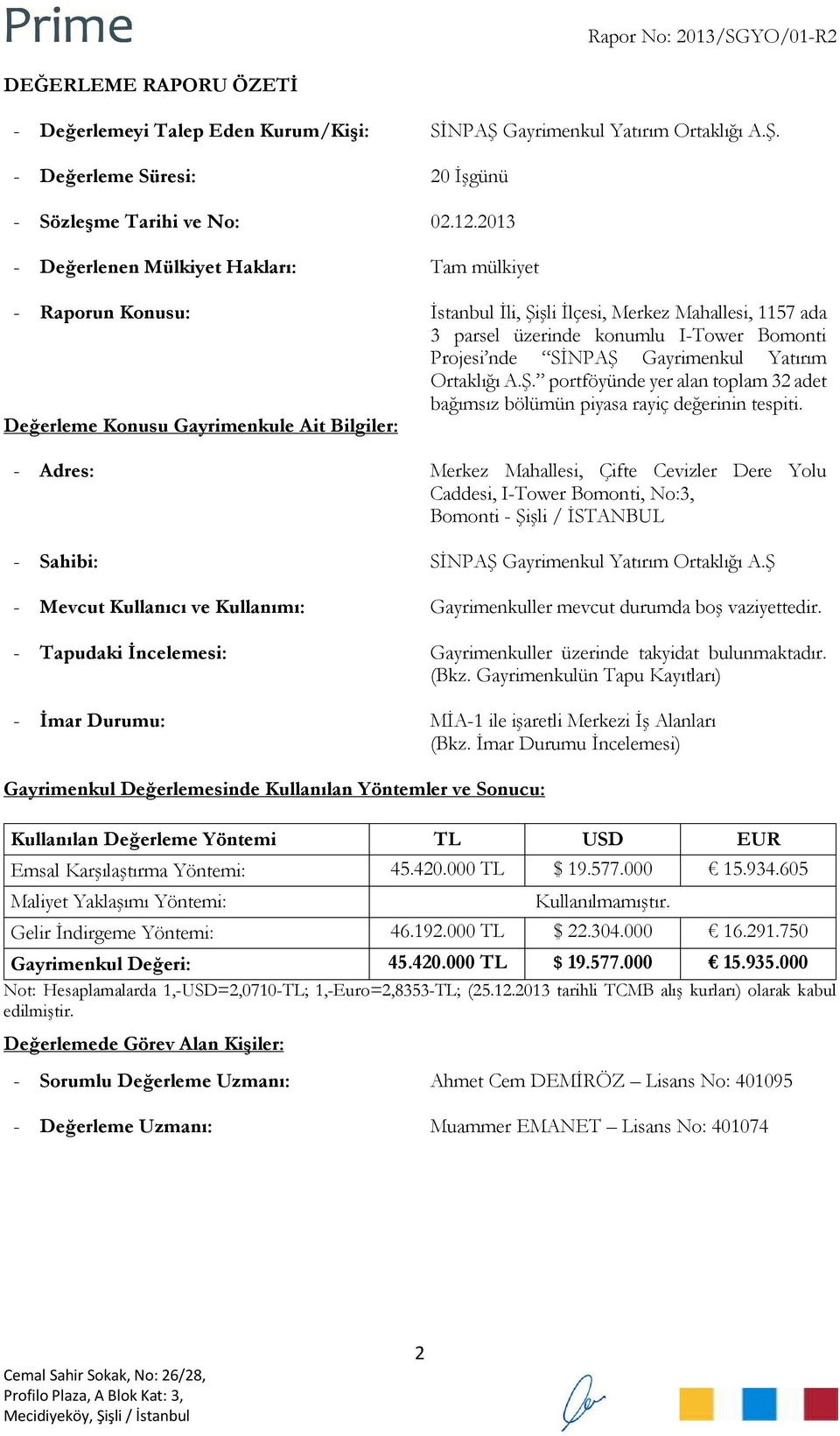 Yatırım Ortaklığı A.Ş. portföyünde yer alan toplam 32 adet bağımsız bölümün piyasa rayiç değerinin tespiti.