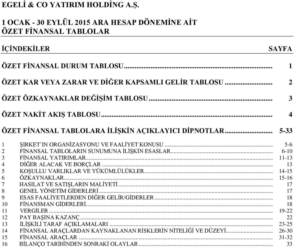 .. 6-10 3 FİNANSAL YATIRIMLAR... 11-13 4 DİĞER ALACAK VE BORÇLAR... 13 5 KOŞULLU VARLIKLAR VE YÜKÜMLÜLÜKLER... 14-15 6 ÖZKAYNAKLAR... 15-16 7 HASILAT VE SATIŞLARIN MALİYETİ.