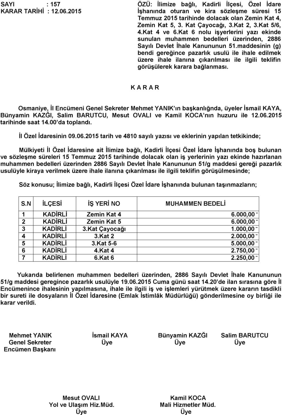 maddesinin (g) bendi gereğince pazarlık usulü ile ihale edilmek üzere ihale ilanına çıkarılması ile ilgili teklifin görüşülerek karara bağlanması. Bünyamin KAZĞI, Salim BARUTCU, ve nın huzuru ile 12.