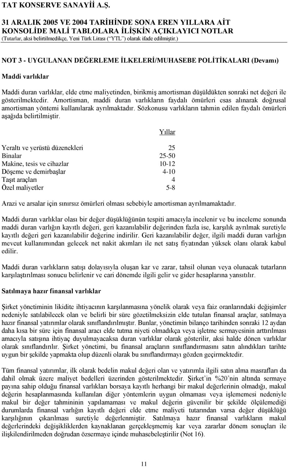 Sözkonusu varlıkların tahmin edilen faydalı ömürleri aģağıda belirtilmiģtir.