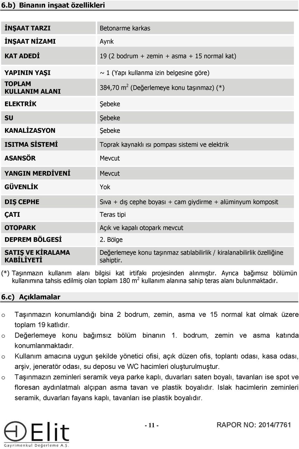 (*) Şebeke Şebeke Şebeke Toprak kaynaklı ısı pompası sistemi ve elektrik Mevcut Mevcut Yok Sıva + dış cephe boyası + cam giydirme + alüminyum komposit Teras tipi Açık ve kapalı otopark mevcut 2.