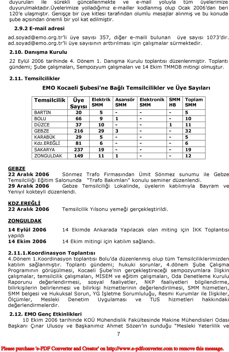 tr li üye sayısı 357, diğer e-maili bulunan üye sayısı 1073 dir. ad.soyad@emo.org.tr li üye sayısının arttırılması için çalışmalar sürmektedir. 2.10. Danışma Kurulu 22 Eylül 2006 tarihinde 4. Dönem 1.