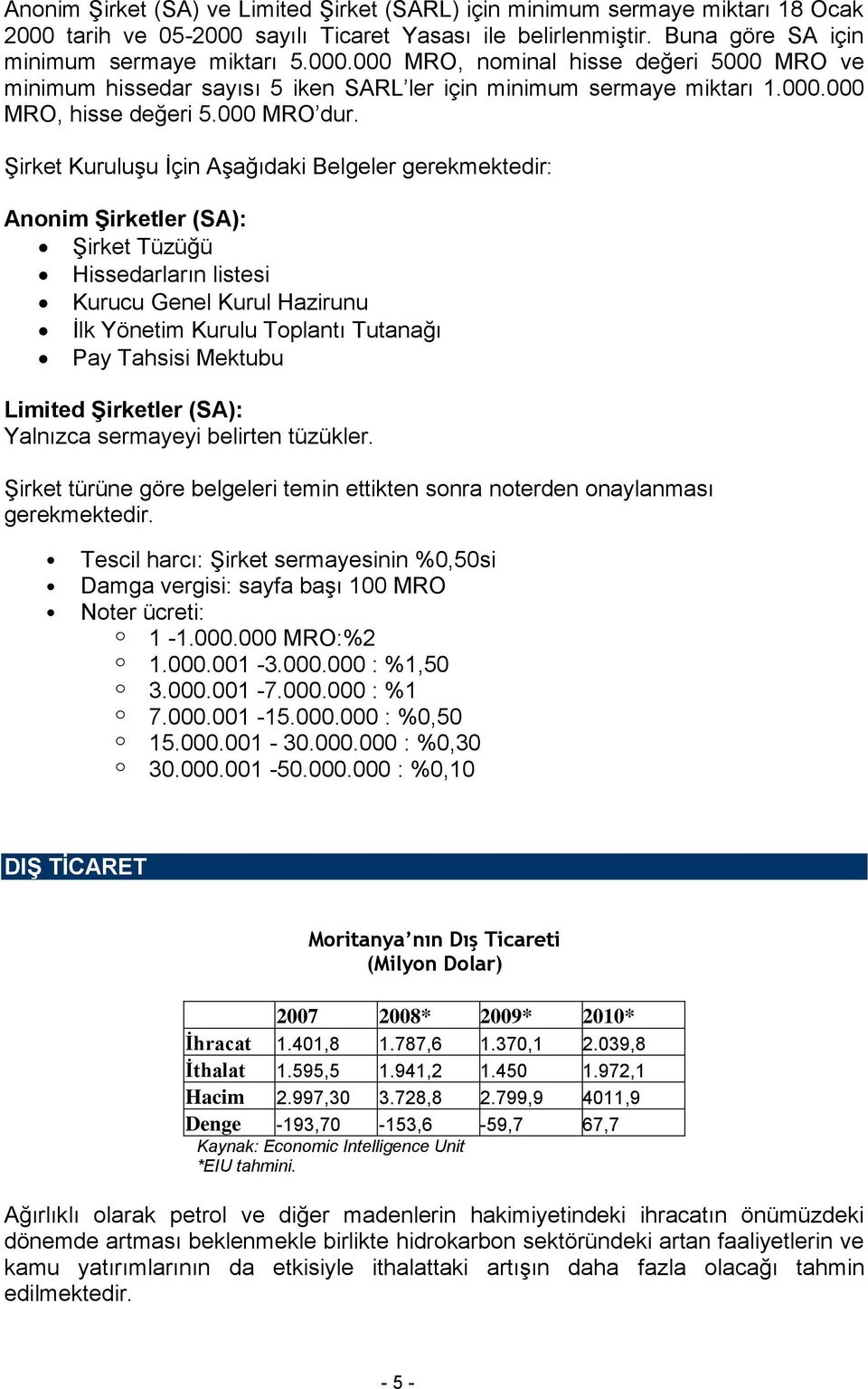 Şirket Kuruluşu İçin Aşağıdaki Belgeler gerekmektedir: Anonim Şirketler (SA): Şirket Tüzüğü Hissedarların listesi Kurucu Genel Kurul Hazirunu İlk Yönetim Kurulu Toplantı Tutanağı Pay Tahsisi Mektubu