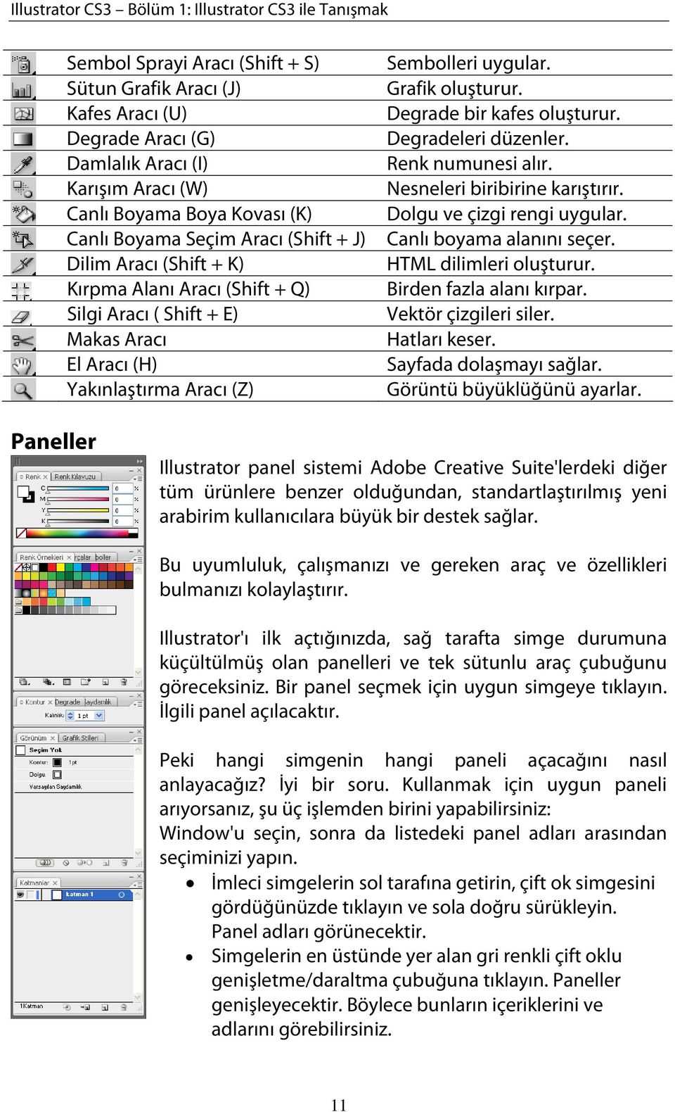 Grafik oluşturur. Degrade bir kafes oluşturur. Degradeleri düzenler. Renk numunesi alır. Nesneleri biribirine karıştırır. Dolgu ve çizgi rengi uygular. Canlı boyama alanını seçer.