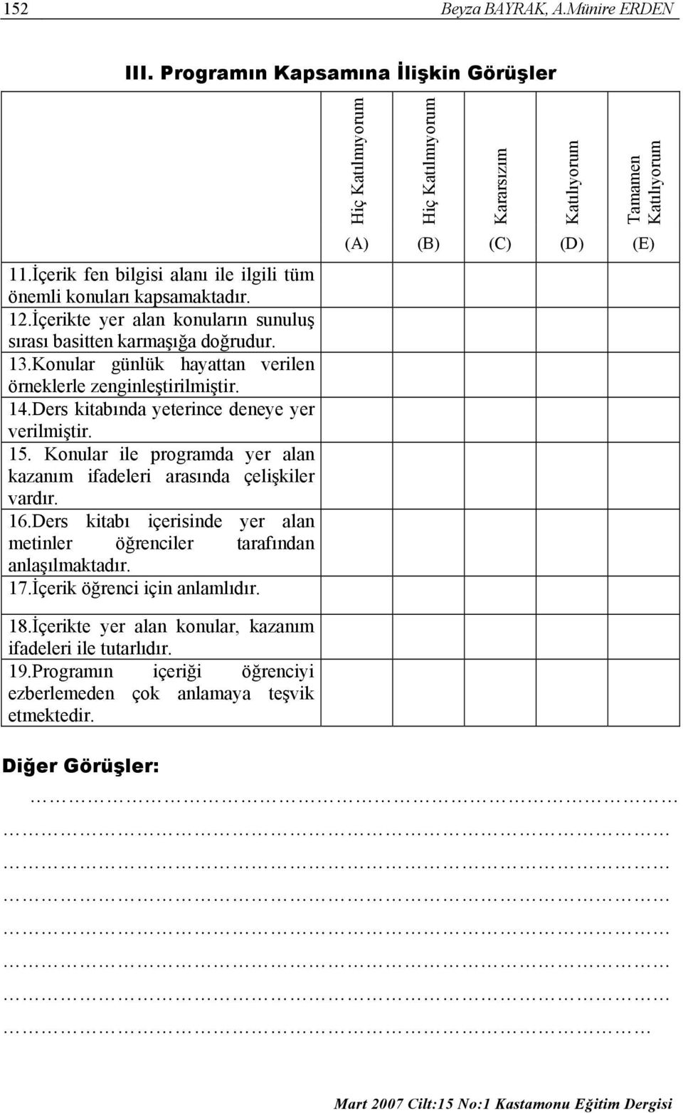 15. Konular ile programda yer alan kazanım ifadeleri arasında çelişkiler vardır. 16.Ders kitabı içerisinde yer alan metinler öğrenciler tarafından anlaşılmaktadır. 17.