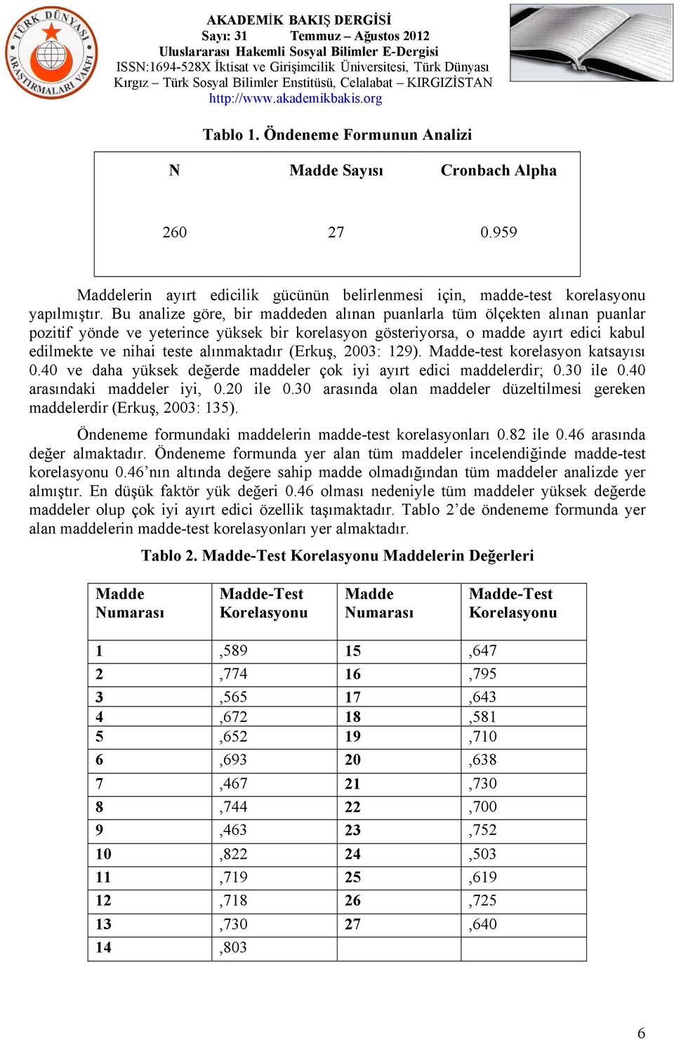 alınmaktadır (Erkuş, 2003: 129). Madde-test korelasyon katsayısı 0.40 ve daha yüksek değerde maddeler çok iyi ayırt edici maddelerdir; 0.30 ile 0.40 arasındaki maddeler iyi, 0.20 ile 0.