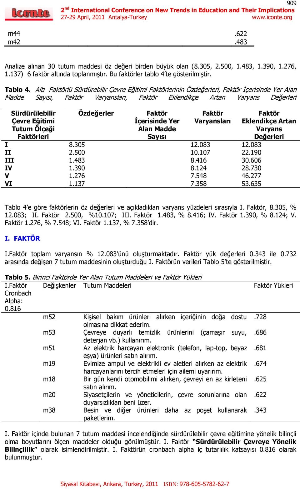 Altı Faktörlü Sürdürebilir Çevre Eğitimi Faktörlerinin Özdeğerleri, Faktör İçerisinde Yer Alan Madde Sayısı, Faktör Varyansları, Faktör Eklendikçe Artan Varyans Değerleri Sürdürülebilir Çevre Eğitimi