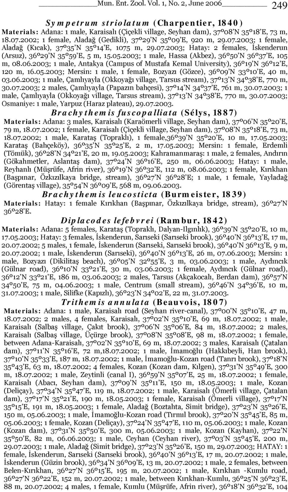 2003; 1 male, Hassa (Akbez), 36º50 N 36º37 E, 105 m, 08.06.2003; 1 male, Antakya (Campus of Mustafa Kemal University), 36º19 N 36º12 E, 120 m, 16.05.2003; Mersin: 1 male, 1 female, Bozyazı (Gözce), 36º09 N 33º10 E, 40 m, 03.