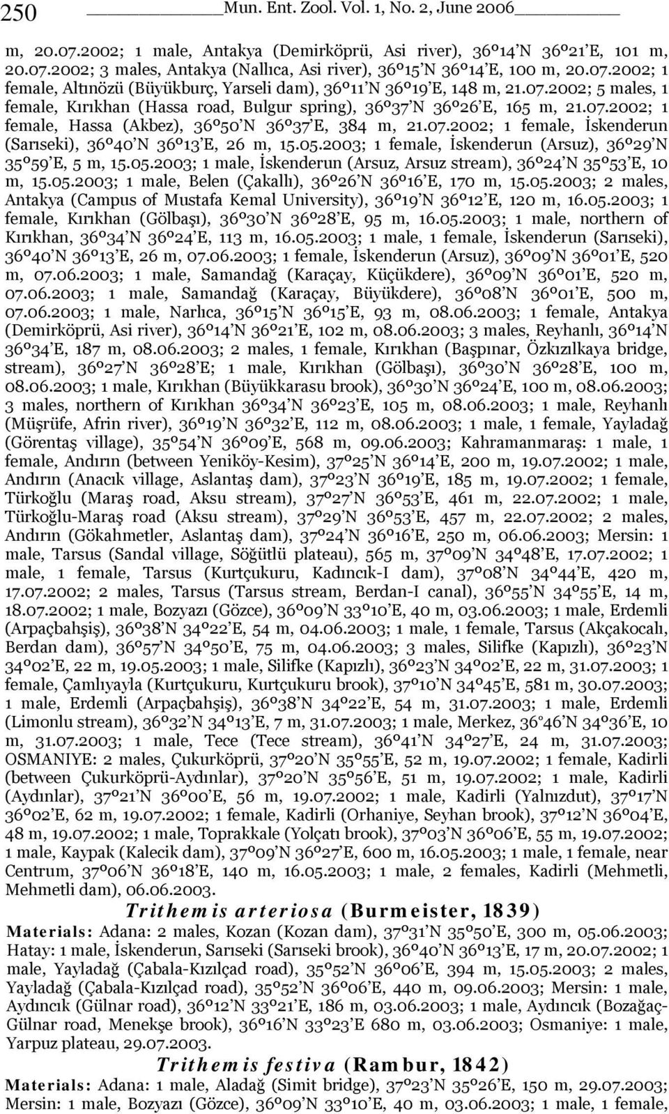 07.2002; 1 female, İskenderun (Sarıseki), 36º40 N 36º13 E, 26 m, 15.05.2003; 1 female, İskenderun (Arsuz), 36º29 N 35º59 E, 5 m, 15.05.2003; 1 male, İskenderun (Arsuz, Arsuz stream), 36º24 N 35º53 E, 10 m, 15.