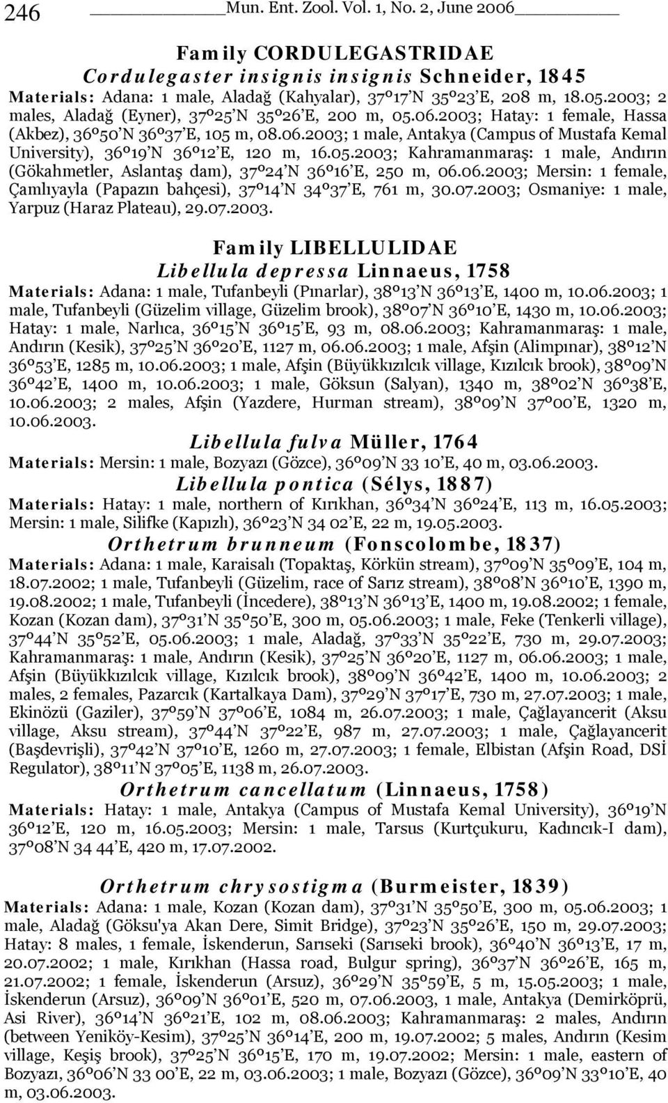 05.2003; Kahramanmaraş: 1 male, Andırın (Gökahmetler, Aslantaş dam), 37º24 N 36º16 E, 250 m, 06.06.2003; Mersin: 1 female, Çamlıyayla (Papazın bahçesi), 37º14 N 34º37 E, 761 m, 30.07.