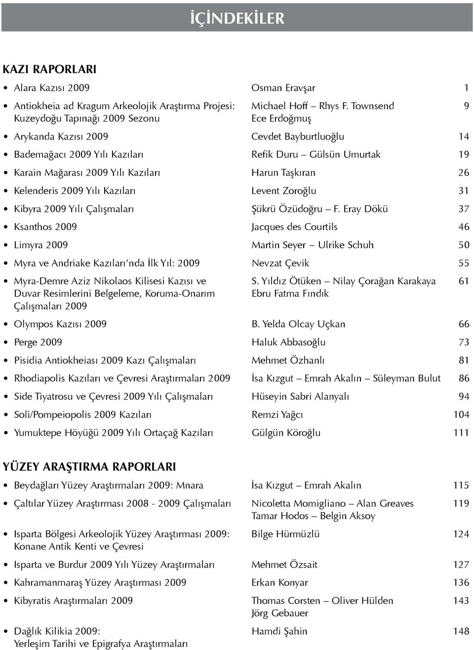 Taşkıran 26 Kelenderis 2009 Yılı Kazıları Levent Zoroğlu 31 Kibyra 2009 Yılı Çalışmaları Şükrü Özüdoğru F.