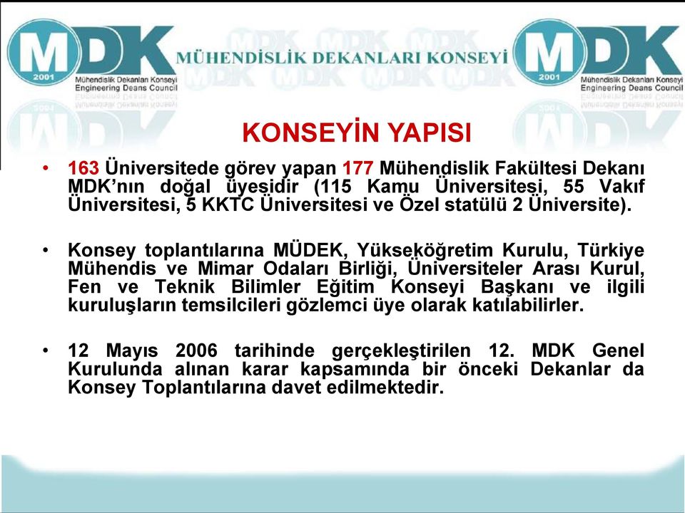 Konsey toplantılarına MÜDEK, Yükseköğretim Kurulu, Türkiye Mühendis ve Mimar Odaları Birliği, Üniversiteler Arası Kurul, Fen ve Teknik Bilimler