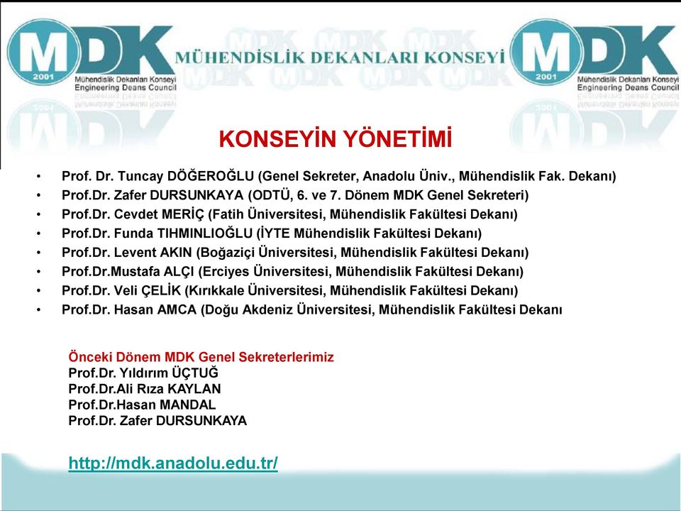 Dr. Veli ÇELİK (Kırıkkale Üniversitesi, Mühendislik Fakültesi Dekanı) Prof.Dr. Hasan AMCA (Doğu Akdeniz Üniversitesi, Mühendislik Fakültesi Dekanı Önceki Dönem MDK Genel Sekreterlerimiz Prof.