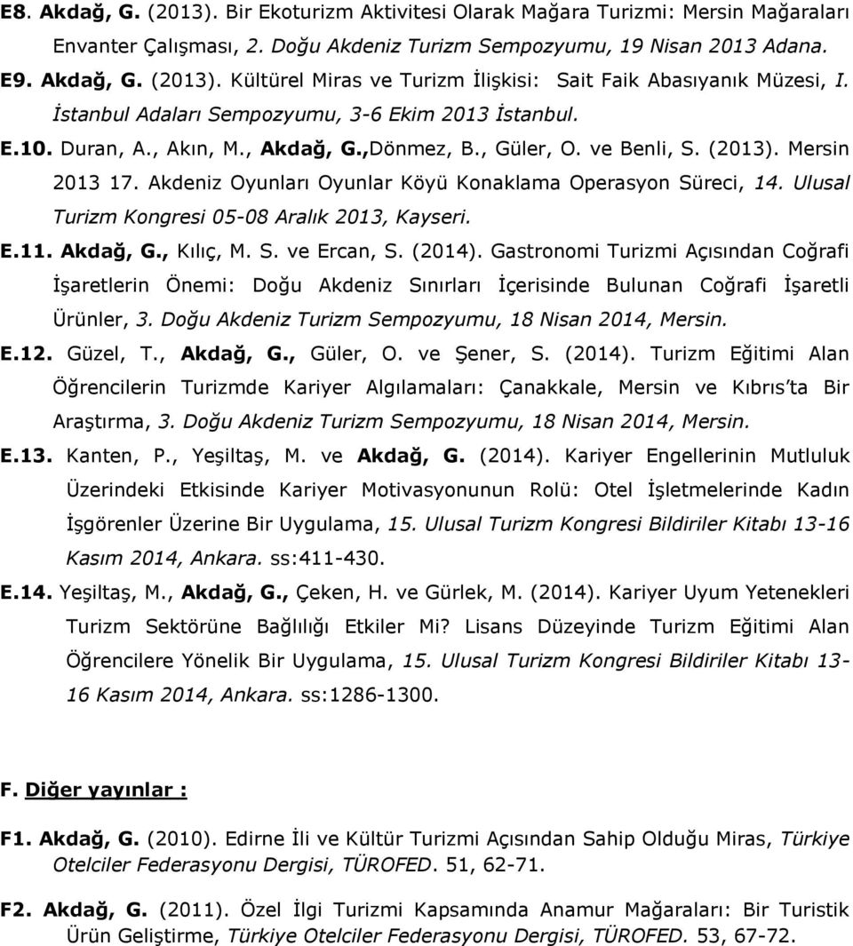 Akdeniz Oyunları Oyunlar Köyü Konaklama Operasyon Süreci, 14. Ulusal Turizm Kongresi 05-08 Aralık 2013, Kayseri. E.11. Akdağ, G., Kılıç, M. S. ve Ercan, S. (2014).