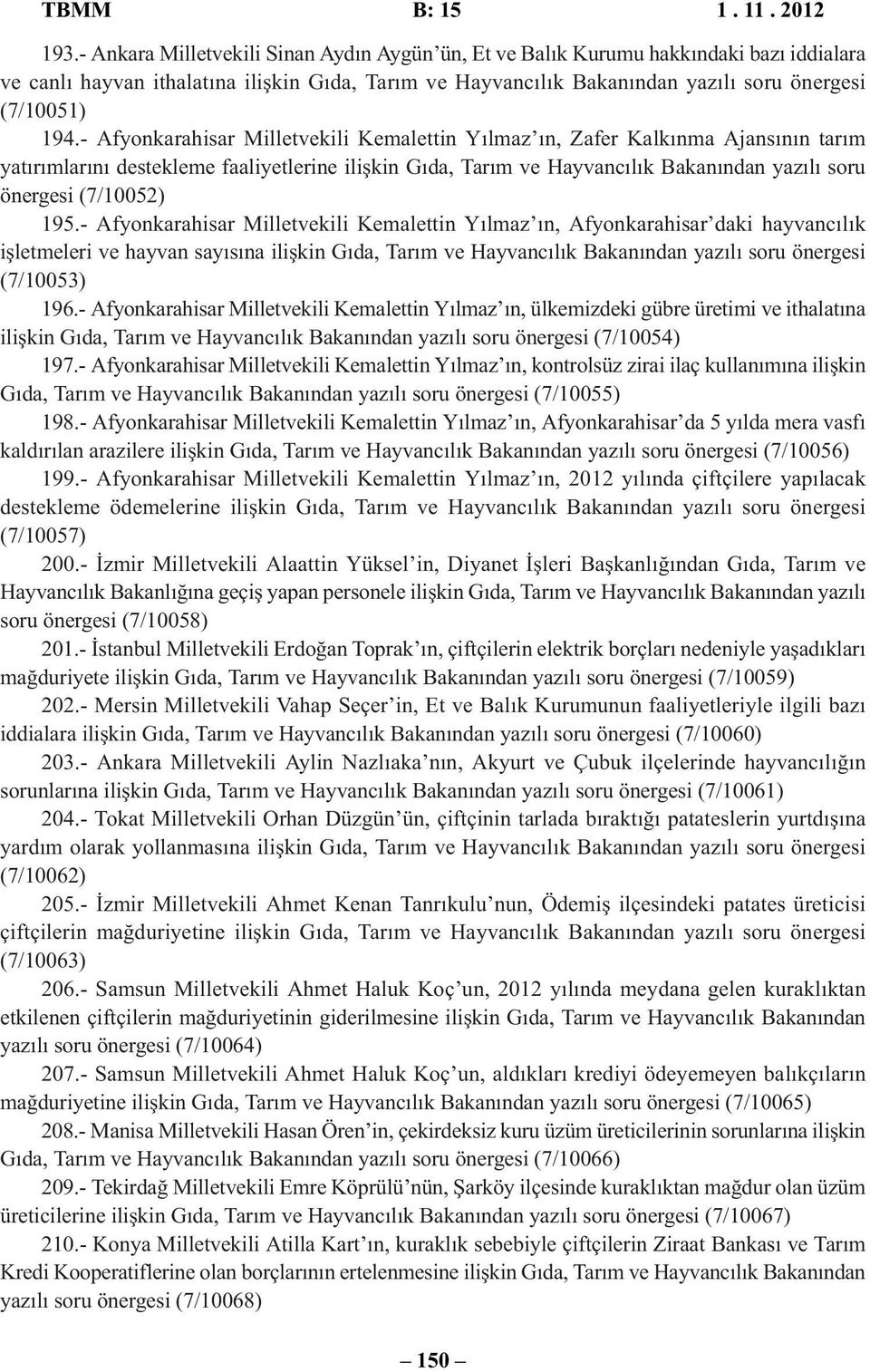 - Afyonkarahisar Milletvekili Kemalettin Yılmaz ın, Zafer Kalkınma Ajansının tarım yatırımlarını destekleme faaliyetlerine ilişkin Gıda, Tarım ve Hayvancılık Bakanından yazılı soru önergesi (7/10052)