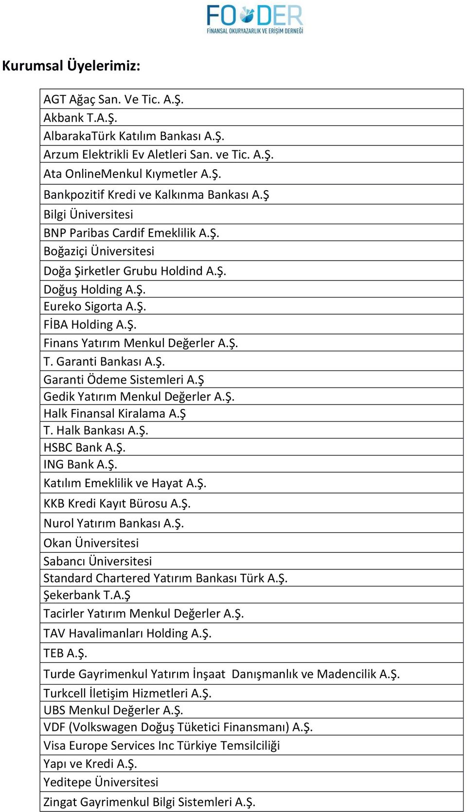Ş. T. Gara ti Ba kası A.Ş. Gara ti Öde e iste leri A.Ş Gedik Yatırı Me kul Değerler A.Ş. Halk Fi a sal Kirala a A.Ş T. Halk Ba kası A.Ş. H BC Ba k A.Ş. ING Ba k A.Ş. Katılı E eklilik e Hayat A.Ş. KKB Kredi Kayıt Bürosu A.