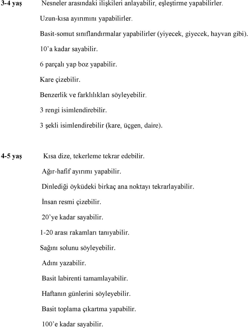 4-5 yaş Kısa dize, tekerleme tekrar edebilir. Ağır-hafif ayırımı yapabilir. Dinlediği öyküdeki birkaç ana noktayı tekrarlayabilir. İnsan resmi çizebilir. 20 ye kadar sayabilir.