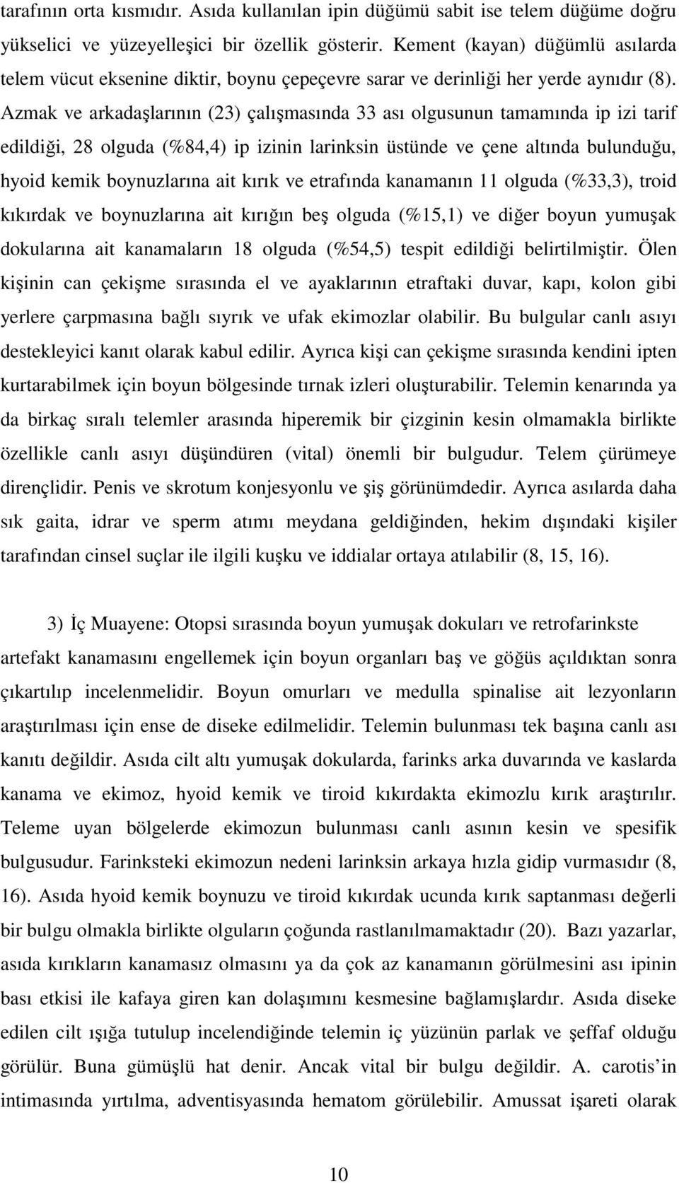 Azmak ve arkadaşlarının (23) çalışmasında 33 ası olgusunun tamamında ip izi tarif edildiği, 28 olguda (%84,4) ip izinin larinksin üstünde ve çene altında bulunduğu, hyoid kemik boynuzlarına ait kırık