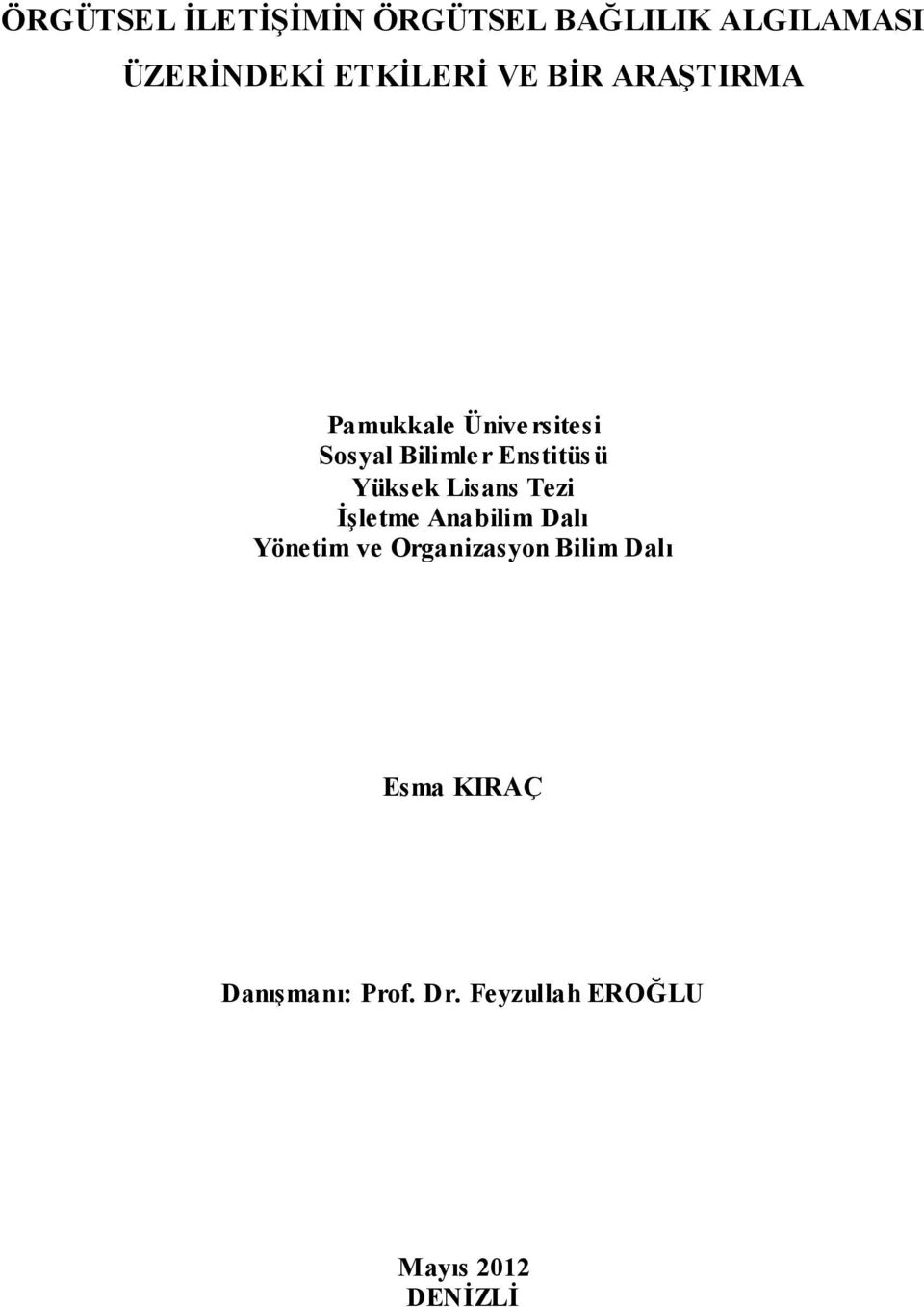 Enstitüsü Yüksek Lisans Tezi İşletme Anabilim Dalı Yönetim ve