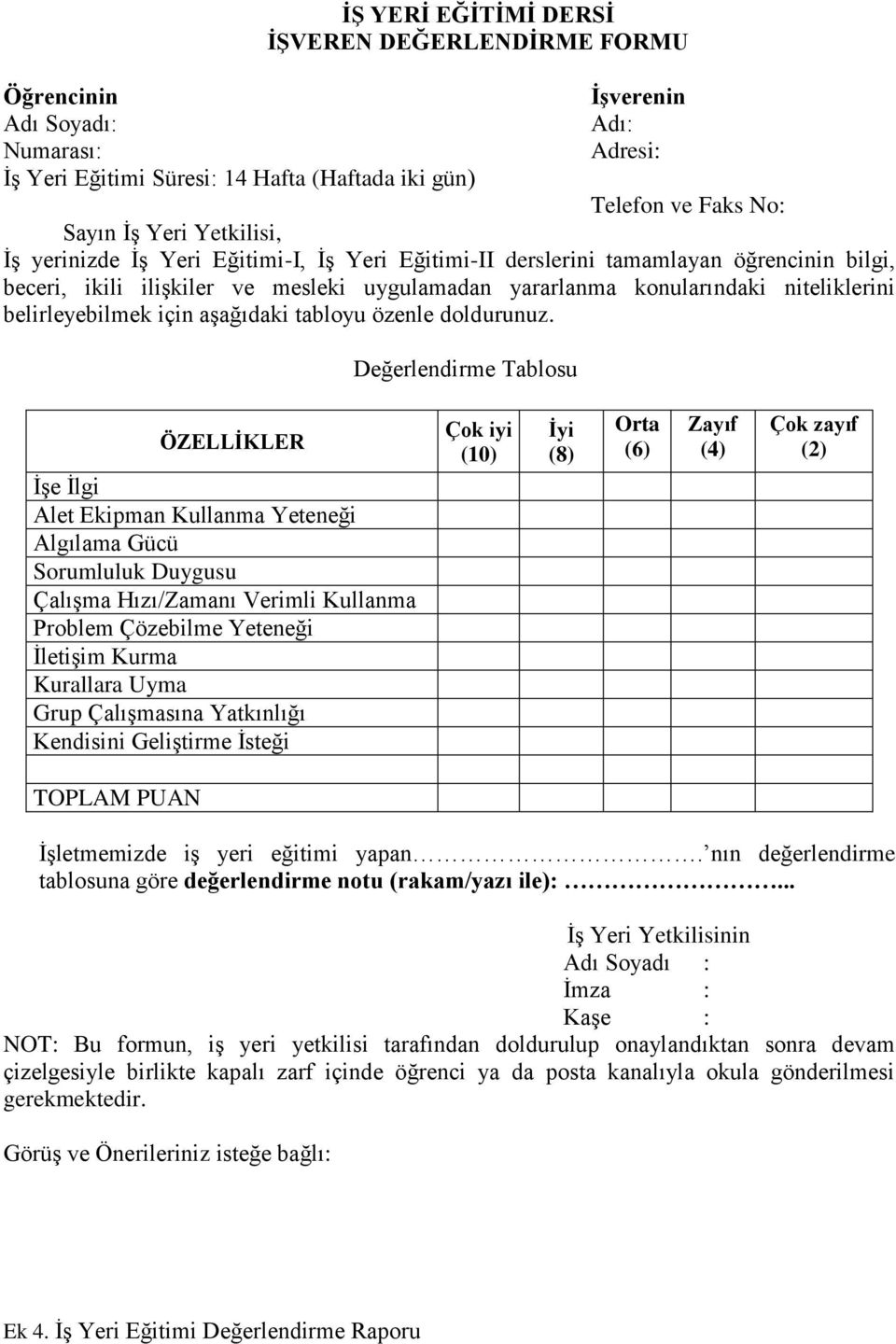 belirleyebilmek için aşağıdaki tabloyu özenle doldurunuz.