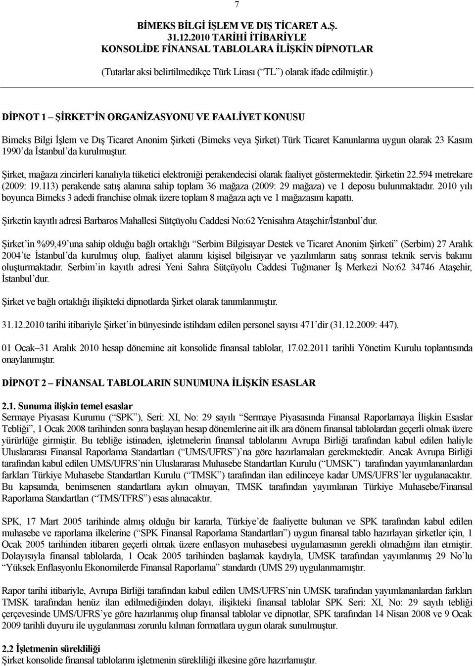 113) perakende satış alanına sahip toplam 36 mağaza (2009: 29 mağaza) ve 1 deposu bulunmaktadır. 2010 yılı boyunca Bimeks 3 adedi franchise olmak üzere toplam 8 mağaza açtı ve 1 mağazasını kapattı.