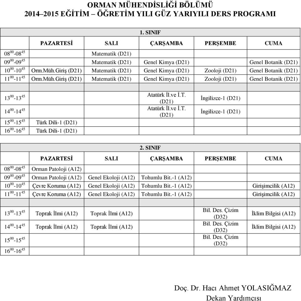 Giriş (D21) Matematik (D21) Genel Kimya (D21) Zooloji (D21) Genel Botanik (D21) 13 00-13 45 Atatürk İl.ve İ.T.