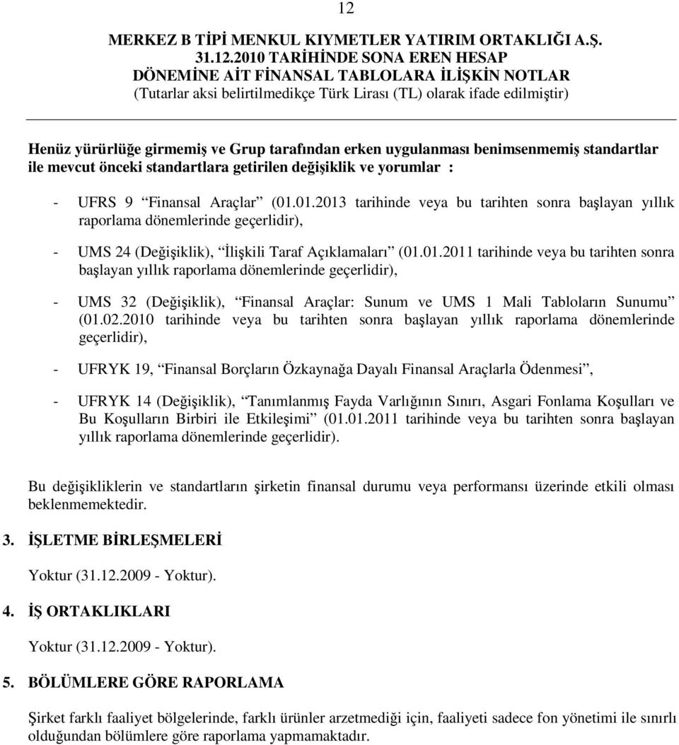 02.2010 tarihinde veya bu tarihten sonra başlayan yıllık raporlama dönemlerinde geçerlidir), - UFRYK 19, Finansal Borçların Özkaynağa Dayalı Finansal Araçlarla Ödenmesi, - UFRYK 14 (Değişiklik),