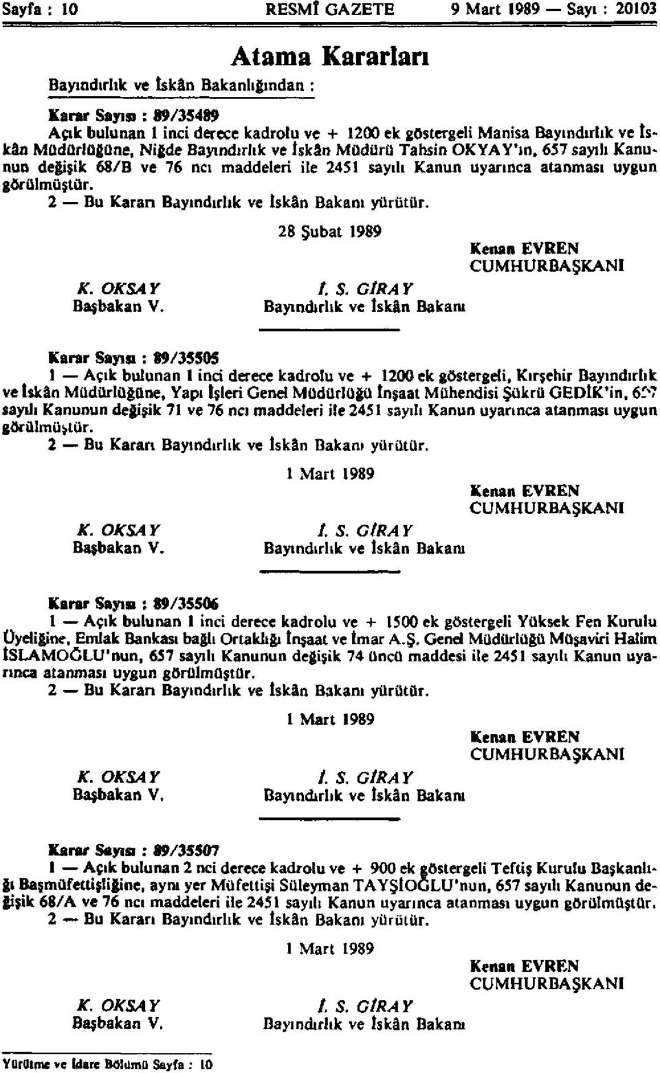 Bayındırlık 657 sayılı Kanunun Müdürlüğüne, değişik 68/B Niğde ve 76 Bayındırlık ncı maddeleri ve iskân ile 2451 Müdürü sayılı Tahsin Kanun OKYAY'ın, uyarınca atanması 657 sayılı uygun Kanu- ve iskân