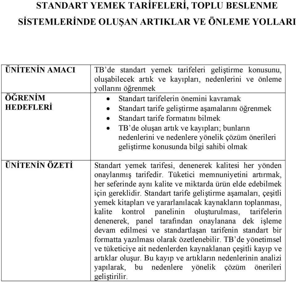 oluşan artık ve kayıpları; bunların nedenlerini ve nedenlere yönelik çözüm önerileri geliştirme konusunda bilgi sahibi olmak Standart yemek tarifesi, denenerek kalitesi her yönden onaylanmış