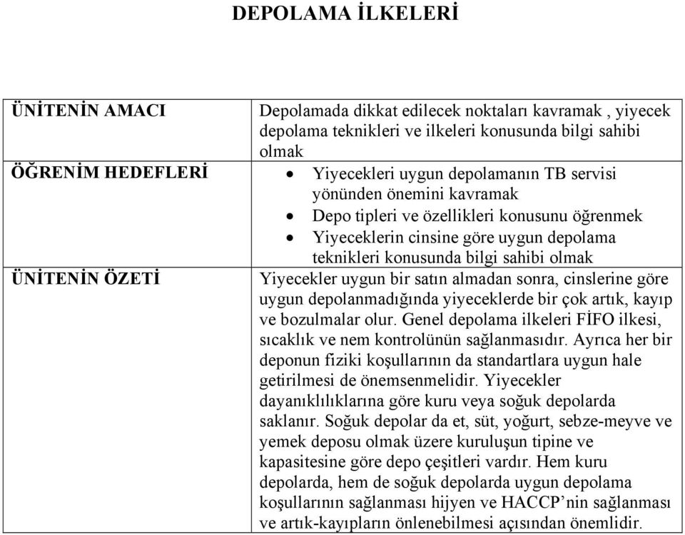 satın almadan sonra, cinslerine göre uygun depolanmadığında yiyeceklerde bir çok artık, kayıp ve bozulmalar olur. Genel depolama ilkeleri FİFO ilkesi, sıcaklık ve nem kontrolünün sağlanmasıdır.