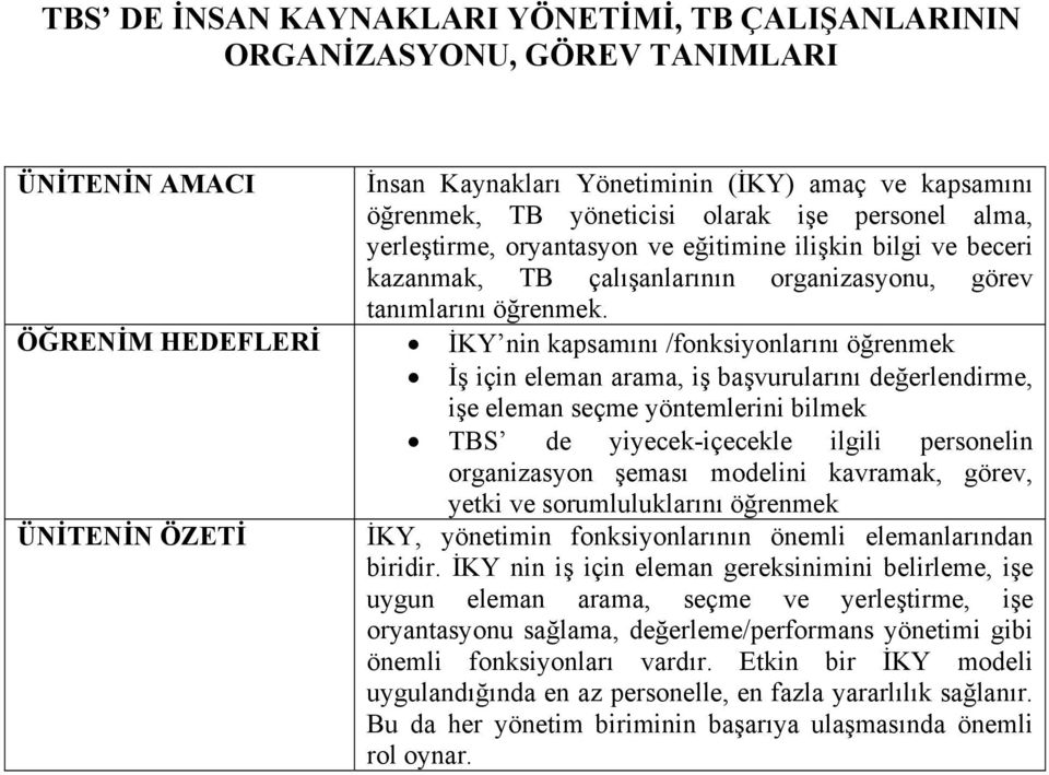 ÖĞRENİM HEDEFLERİ İKY nin kapsamını /fonksiyonlarını öğrenmek İş için eleman arama, iş başvurularını değerlendirme, işe eleman seçme yöntemlerini bilmek TBS de yiyecek-içecekle ilgili personelin