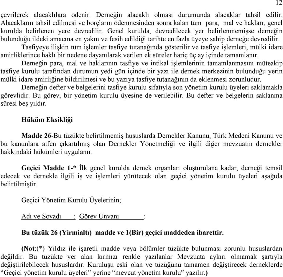 Genel kurulda, devredilecek yer belirlenmemişse derneğin bulunduğu ildeki amacına en yakın ve fesih edildiği tarihte en fazla üyeye sahip derneğe devredilir.